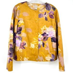 Chico's Brown Purple Floral Suede Jacket Size 1 Medium Snap Buttons Pockets